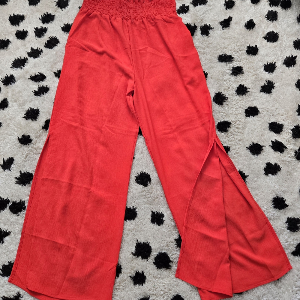 NEW! Three Bird Nest Smocked Waist Bright Red, Side Leg Slit Lightweight